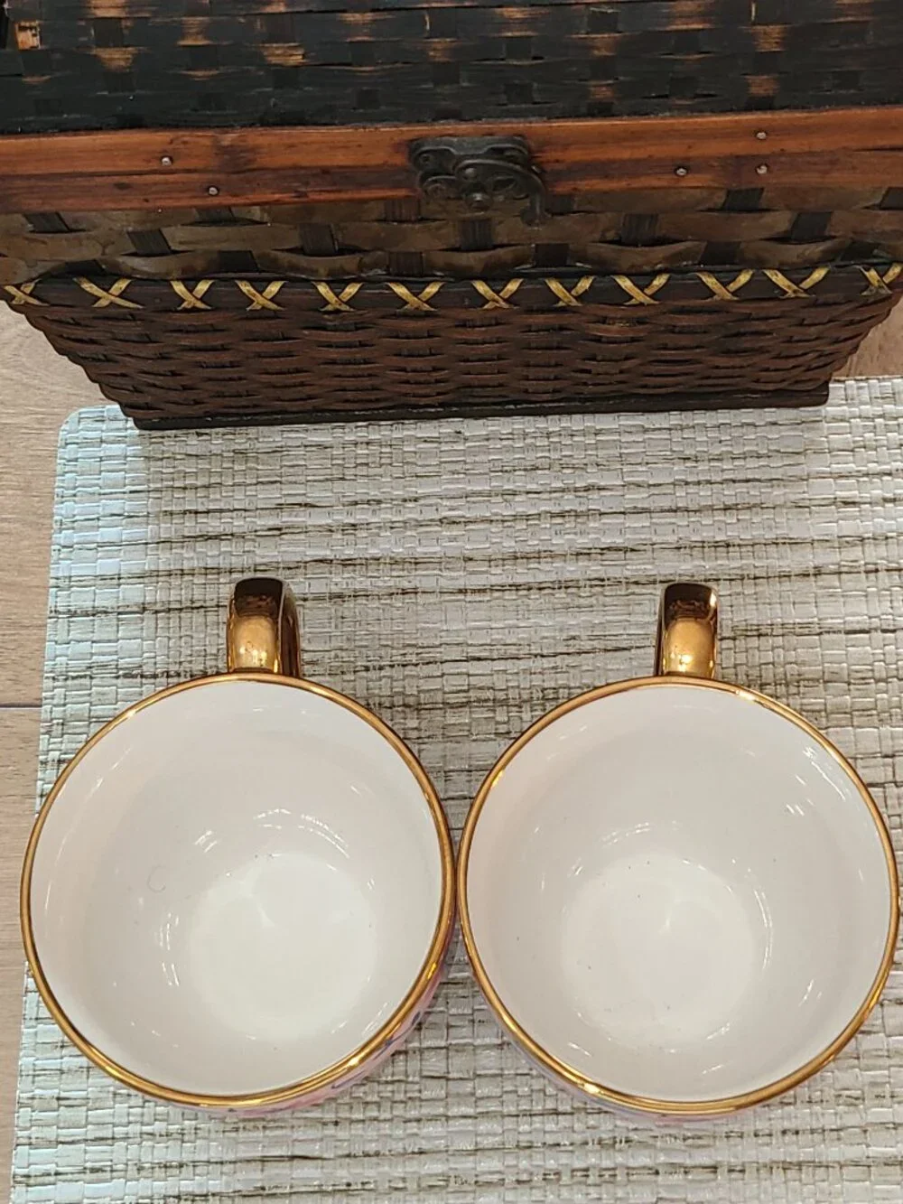 Pair of Aurora Maxwell Int'l Ceramic Porcelain Mugs Blue Pink Gold Tone Trim